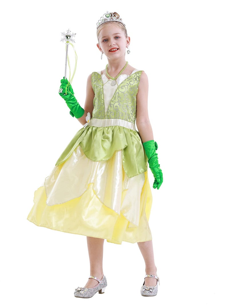 WonderBabe Green Fairy Tale Princess Tiana Dress Fancy Birthday Party Dresses Halloween Christmas Party Dress up Role Play Dresses Luxury Outfit Green Size 5T 6T Age 5-6 Years - Image 2